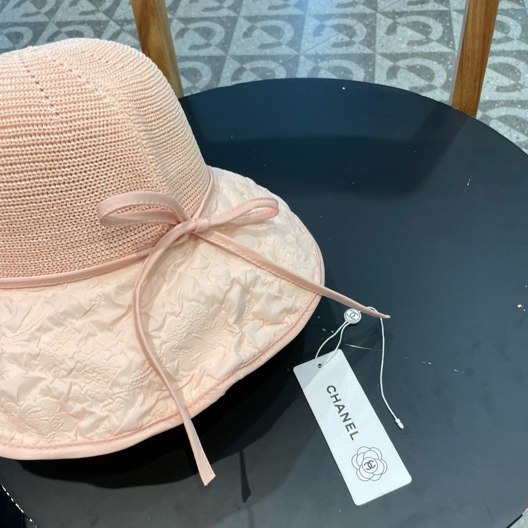  Chanel夏季新款渔夫帽女大檐黑胶防紫外线遮阳帽海边出游防风太阳帽