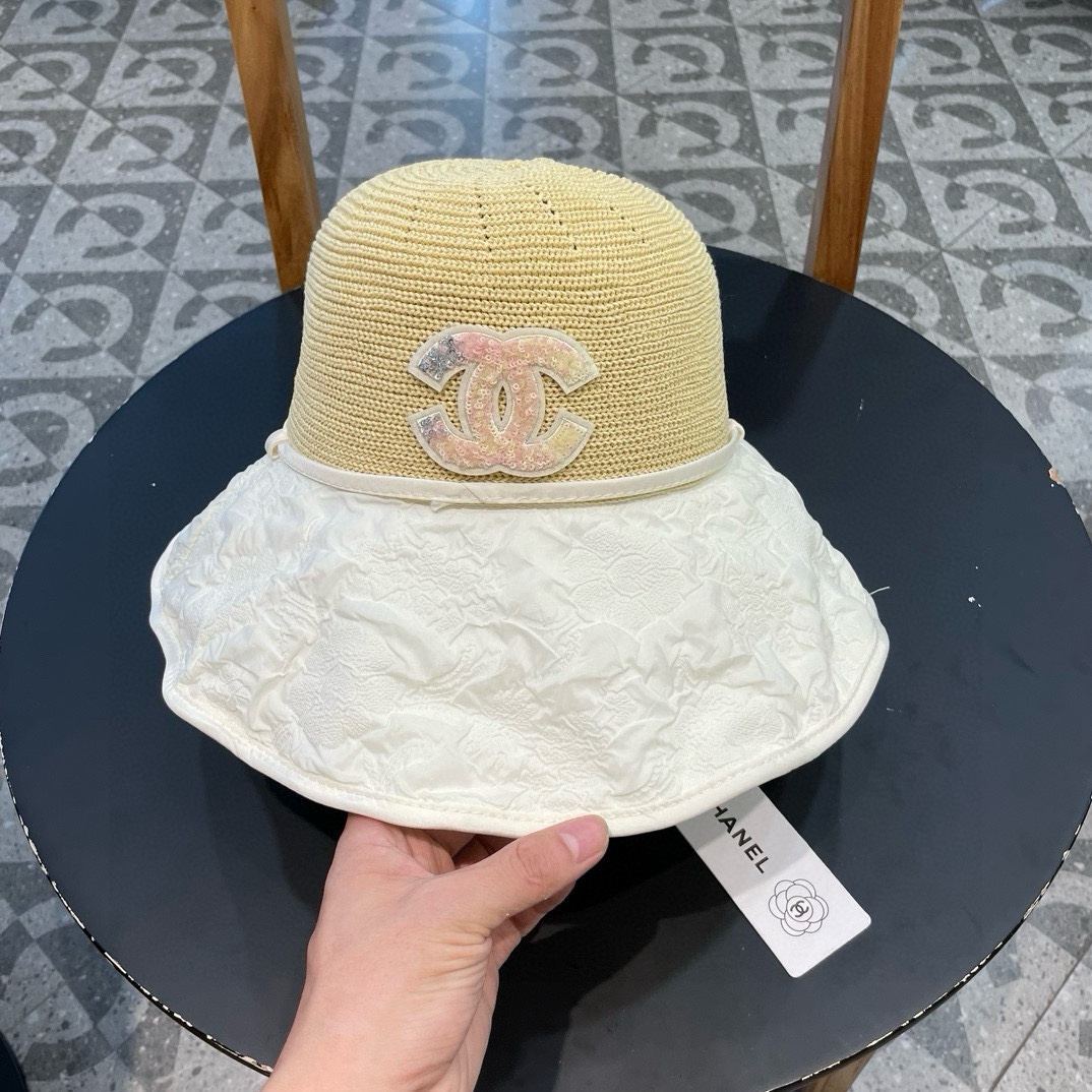 Chanel夏季新款渔夫帽女大檐黑胶防紫外线遮阳帽海边出游防风太阳帽