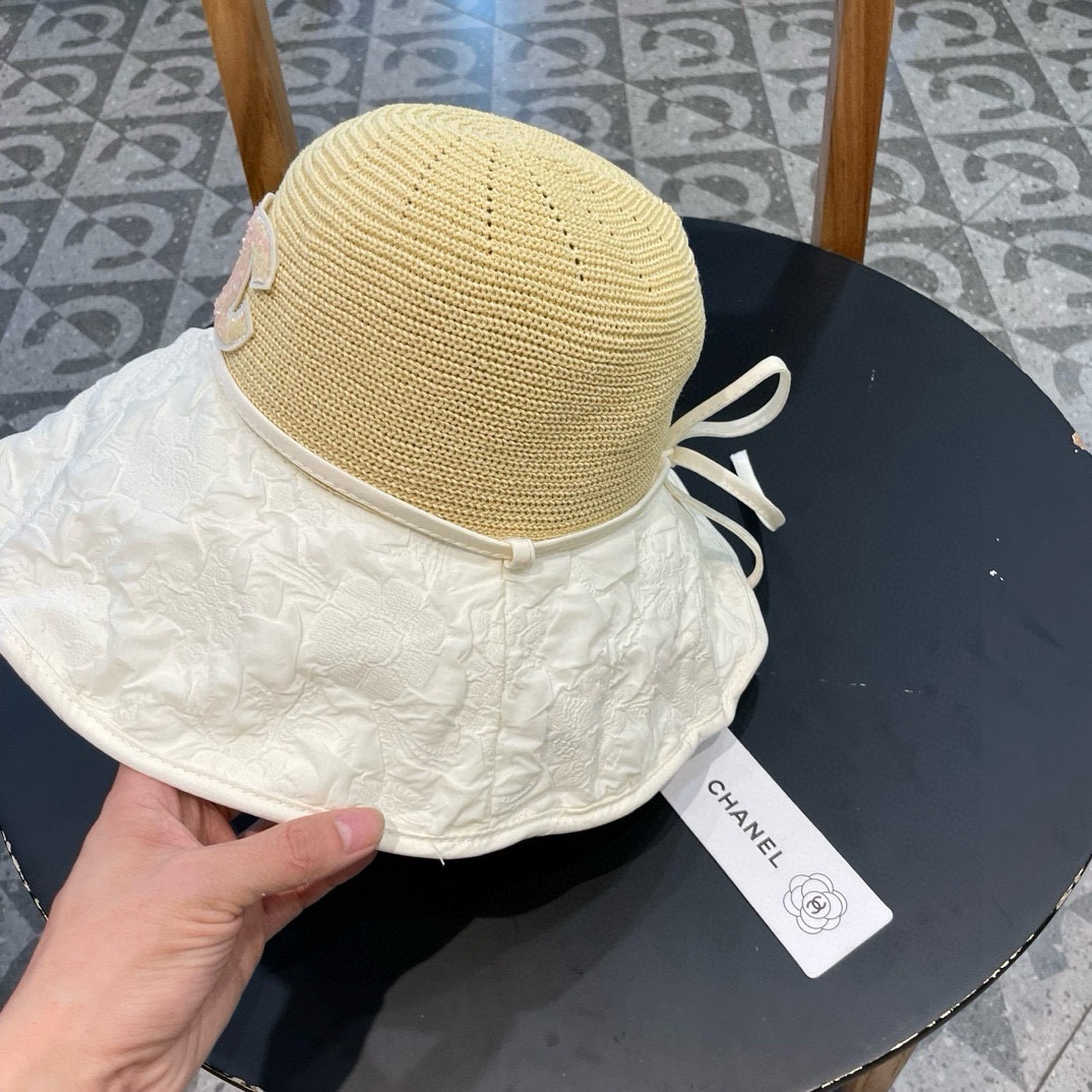  Chanel夏季新款渔夫帽女大檐黑胶防紫外线遮阳帽海边出游防风太阳帽