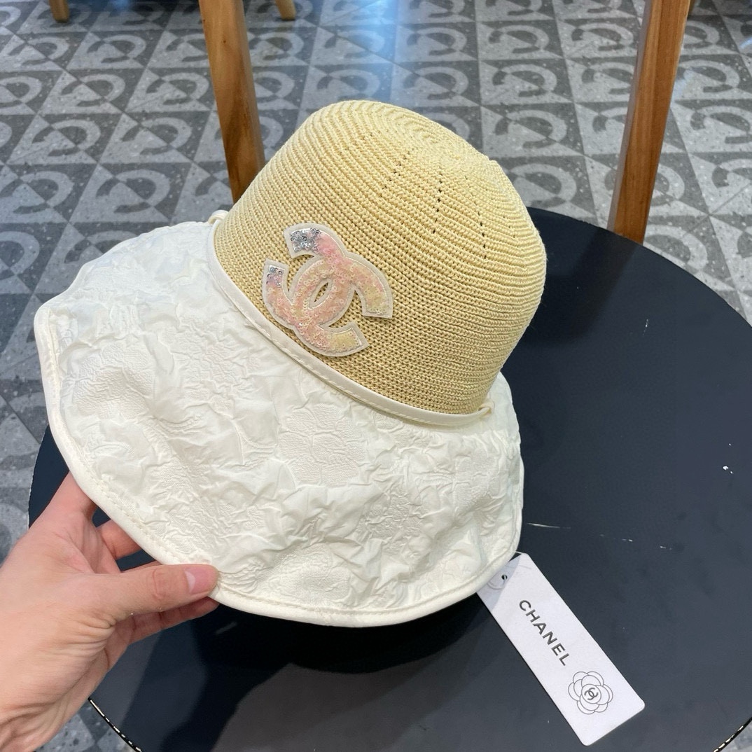  Chanel夏季新款渔夫帽女大檐黑胶防紫外线遮阳帽海边出游防风太阳帽