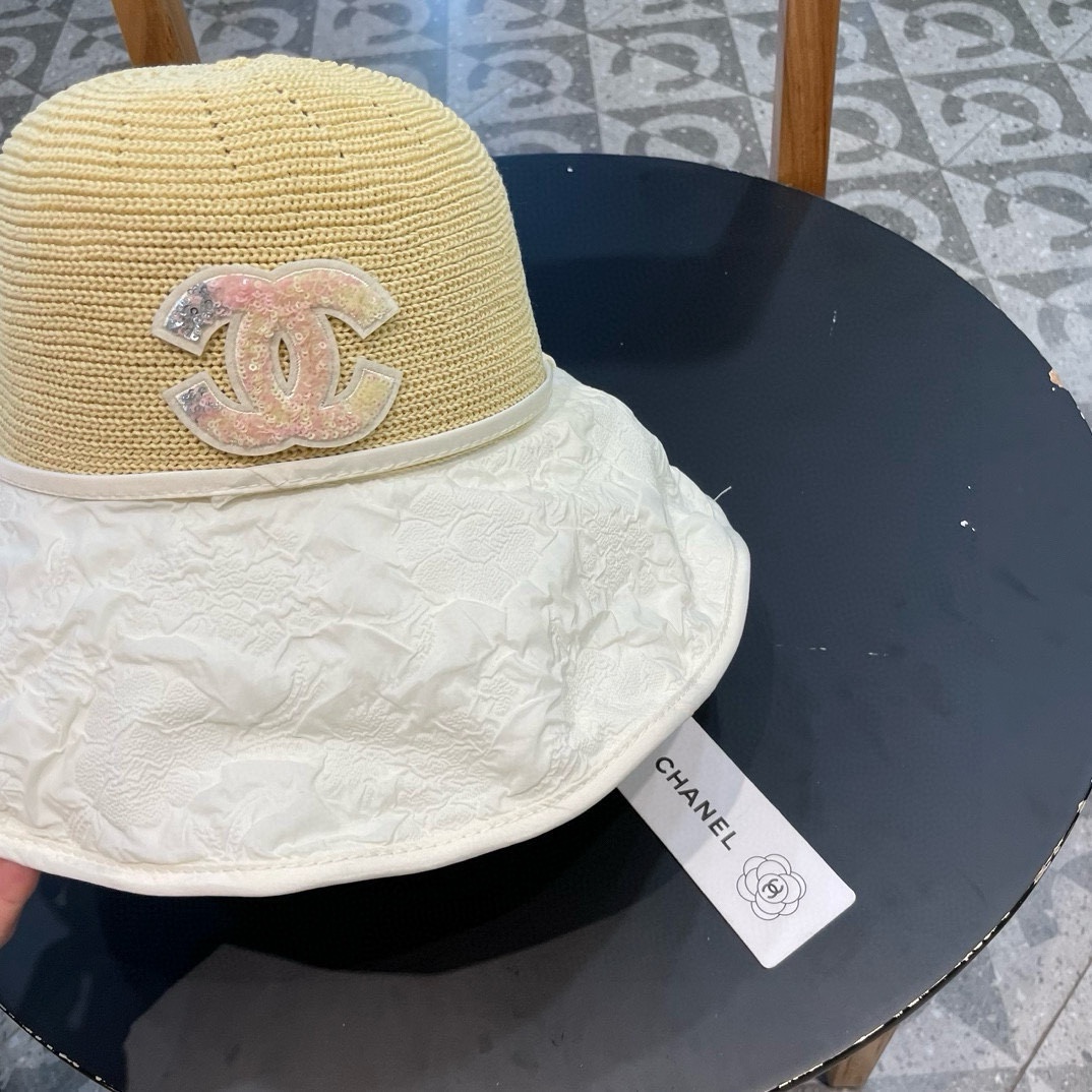  Chanel夏季新款渔夫帽女大檐黑胶防紫外线遮阳帽海边出游防风太阳帽
