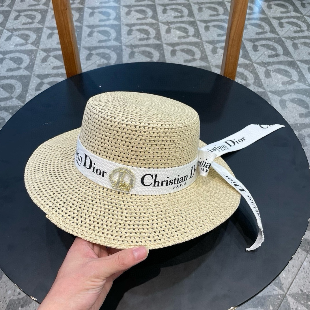  Dior迪奥 早春新款夏季新品赫本风优雅波点白色礼帽欧美平顶帽沙滩男女通用草帽出游遮阳帽