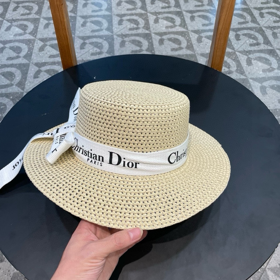  Dior迪奥 早春新款夏季新品赫本风优雅波点白色礼帽欧美平顶帽沙滩男女通用草帽出游遮阳帽