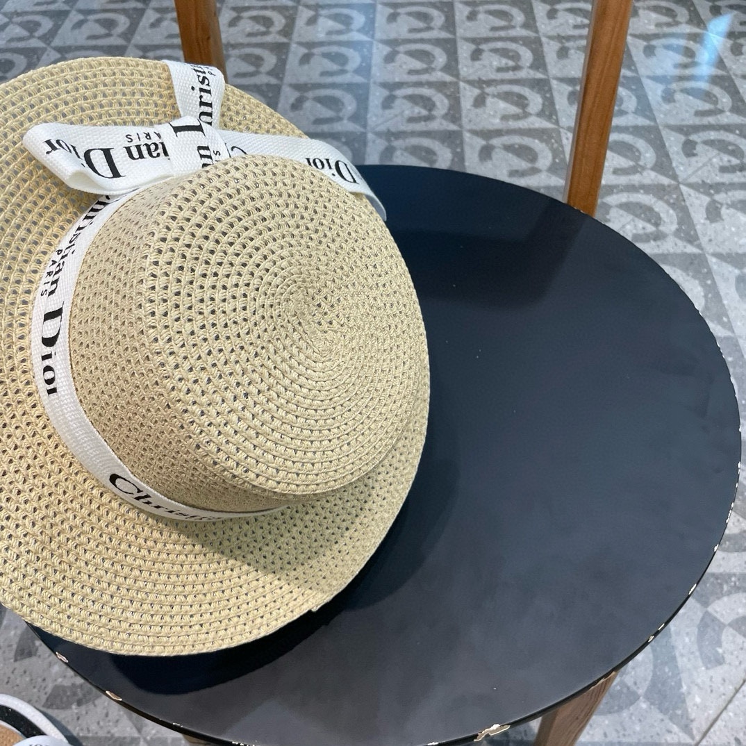  Dior迪奥 早春新款夏季新品赫本风优雅波点白色礼帽欧美平顶帽沙滩男女通用草帽出游遮阳帽