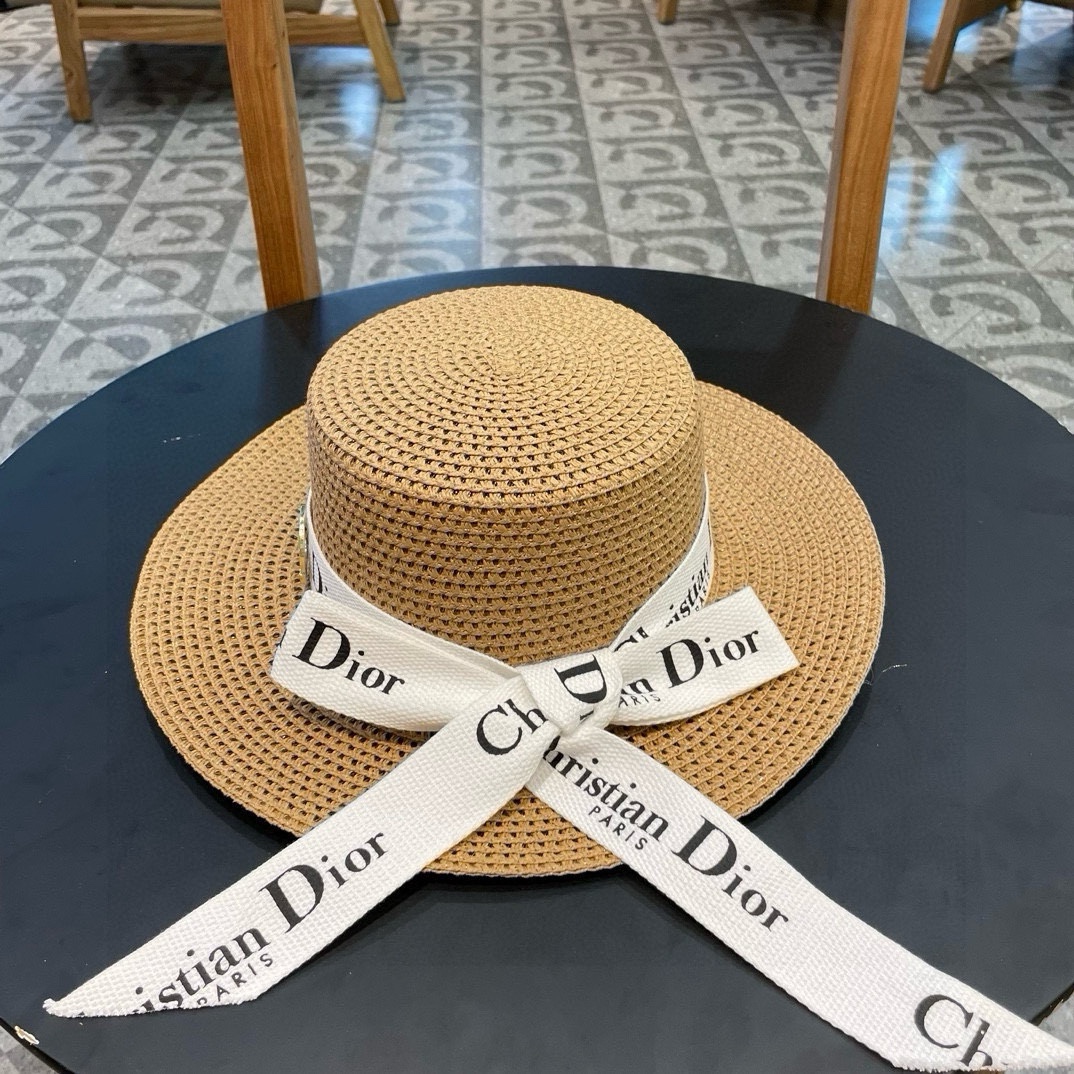  Dior迪奥 早春新款夏季新品赫本风优雅波点白色礼帽欧美平顶帽沙滩男女通用草帽出游遮阳帽