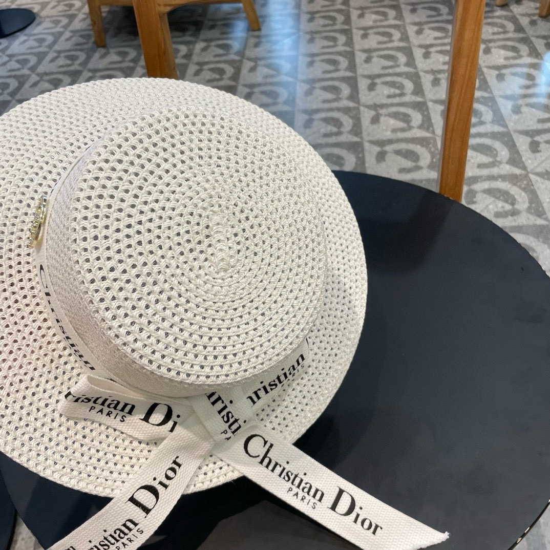  Dior迪奥 早春新款夏季新品赫本风优雅波点白色礼帽欧美平顶帽沙滩男女通用草帽出游遮阳帽