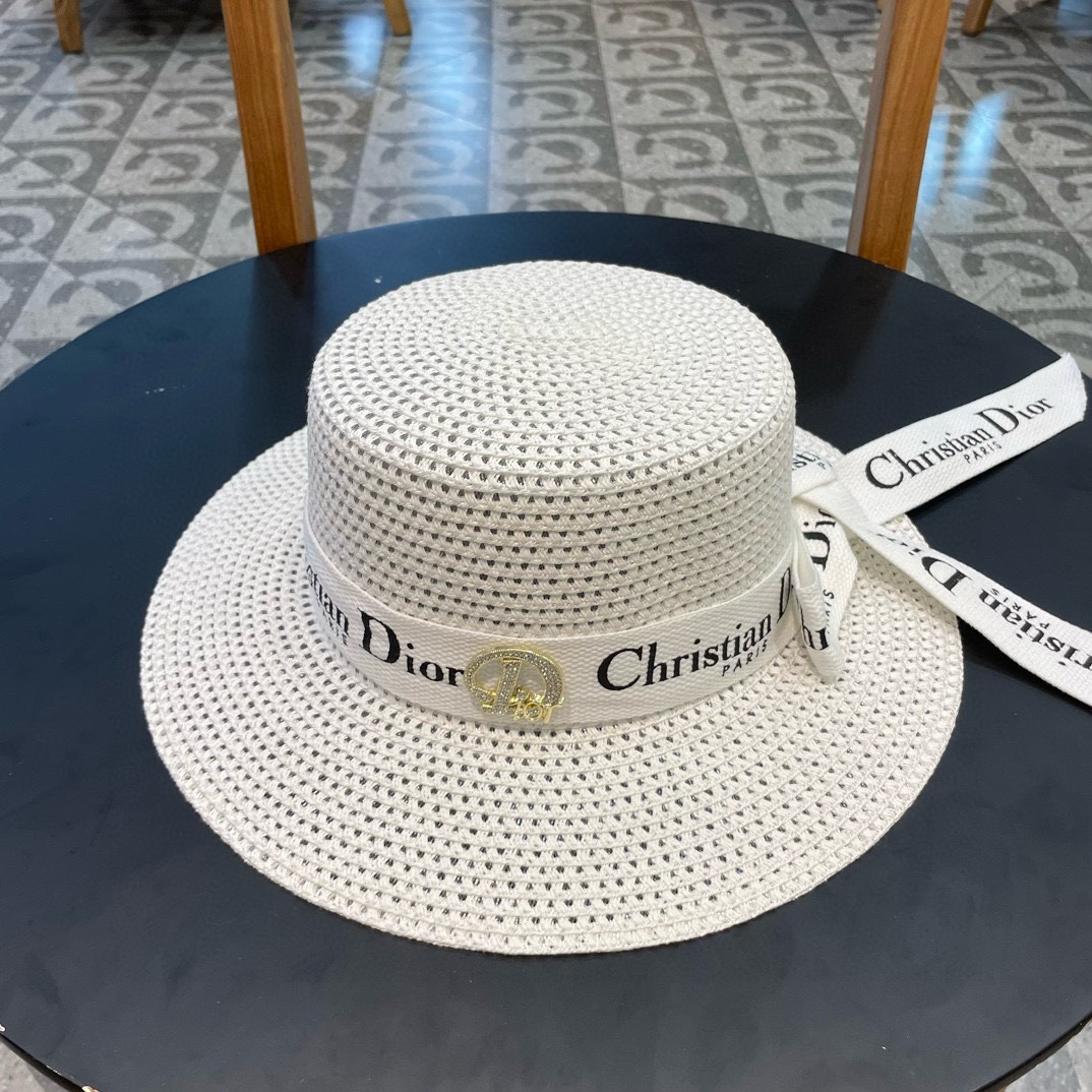  Dior迪奥 早春新款夏季新品赫本风优雅波点白色礼帽欧美平顶帽沙滩男女通用草帽出游遮阳帽