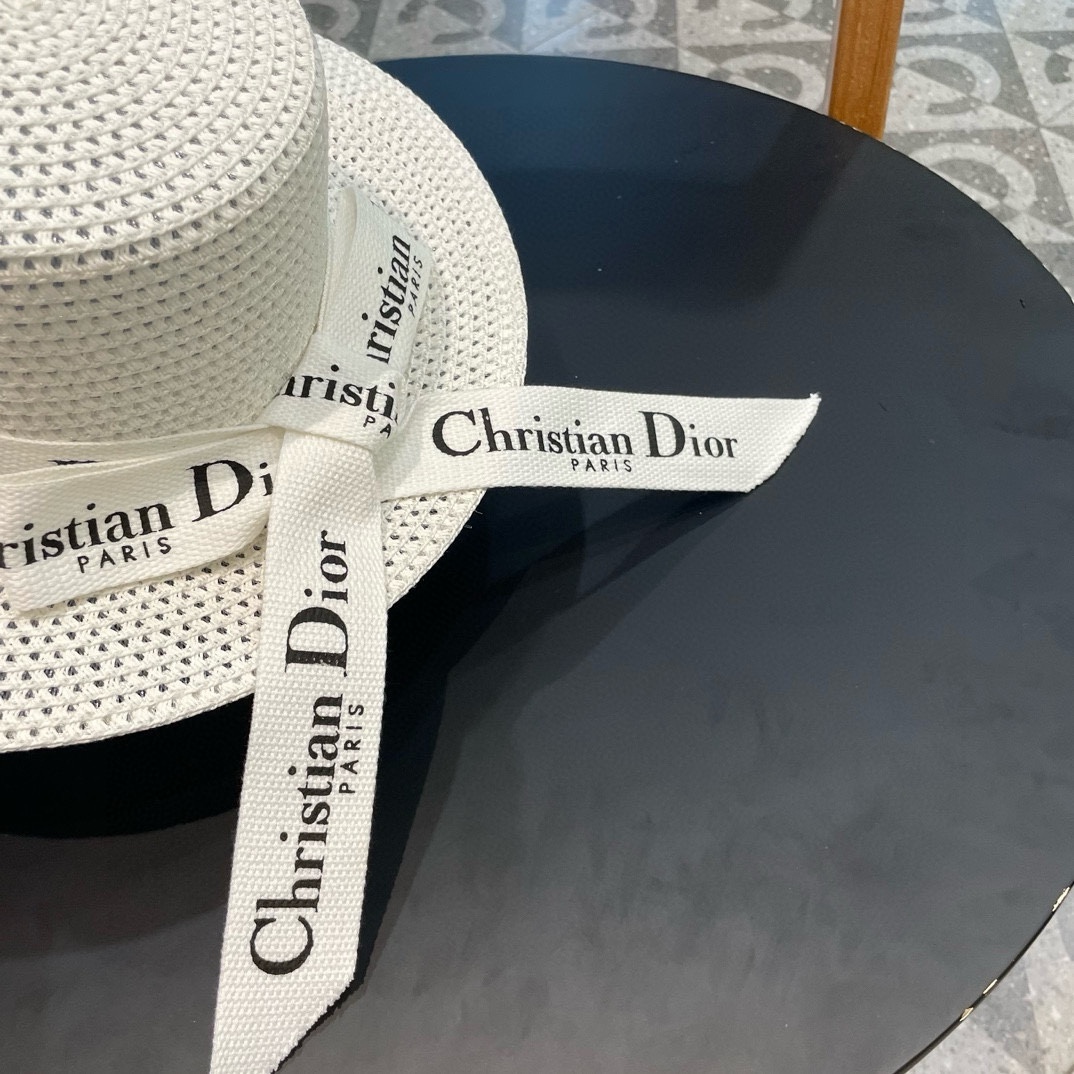 Dior迪奥 早春新款夏季新品赫本风优雅波点白色礼帽欧美平顶帽沙滩男女通用草帽出游遮阳帽