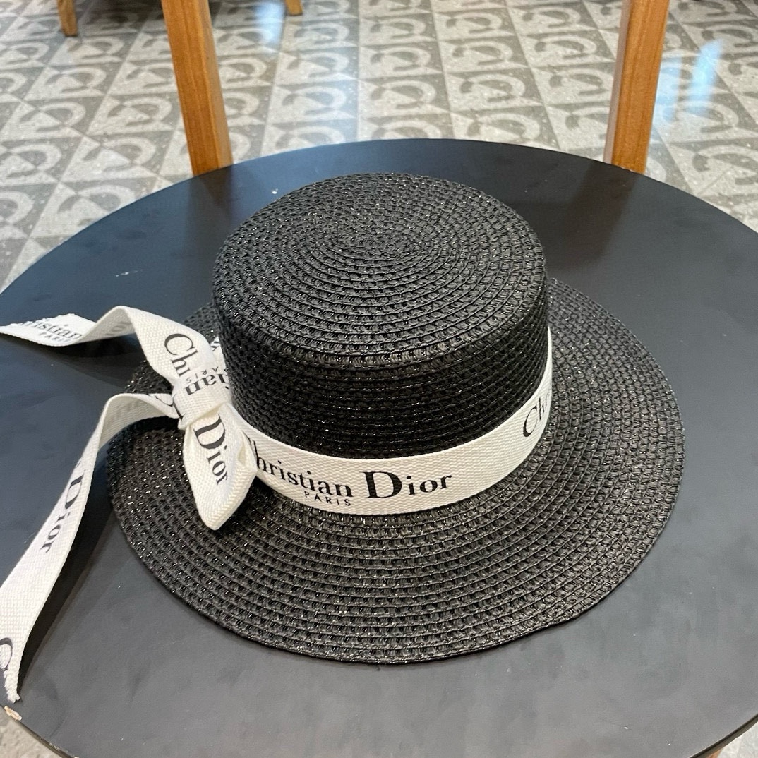  Dior迪奥 早春新款夏季新品赫本风优雅波点白色礼帽欧美平顶帽沙滩男女通用草帽出游遮阳帽