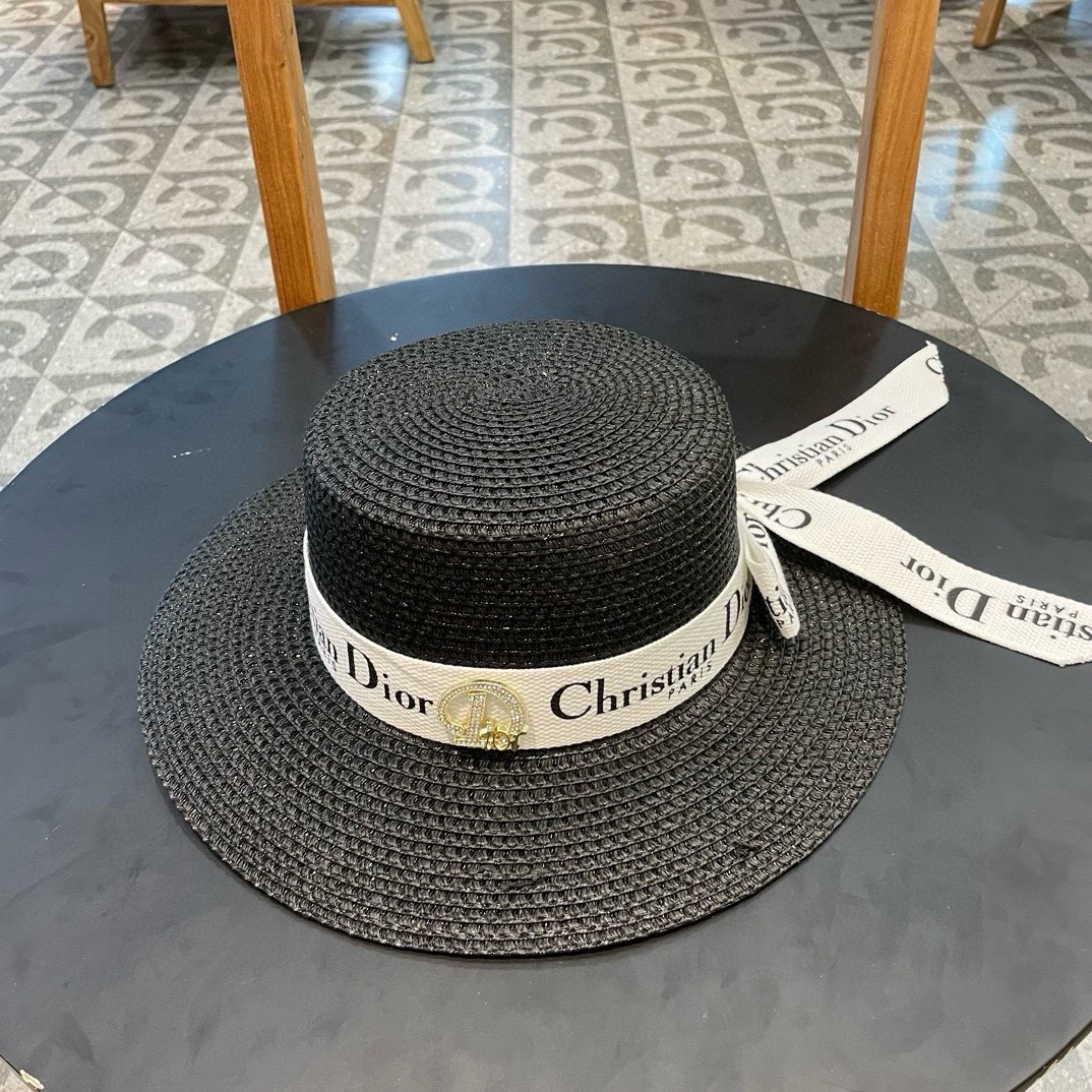  Dior迪奥 早春新款夏季新品赫本风优雅波点白色礼帽欧美平顶帽沙滩男女通用草帽出游遮阳帽