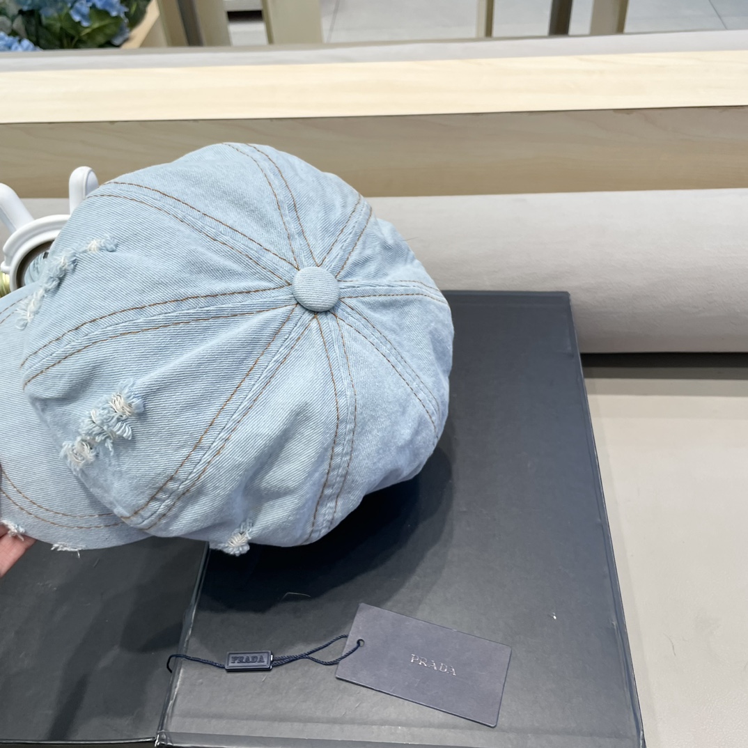 普拉达Prada韩国2024年新款韩版水洗割破牛仔八角帽个性设计小众贝雷帽女