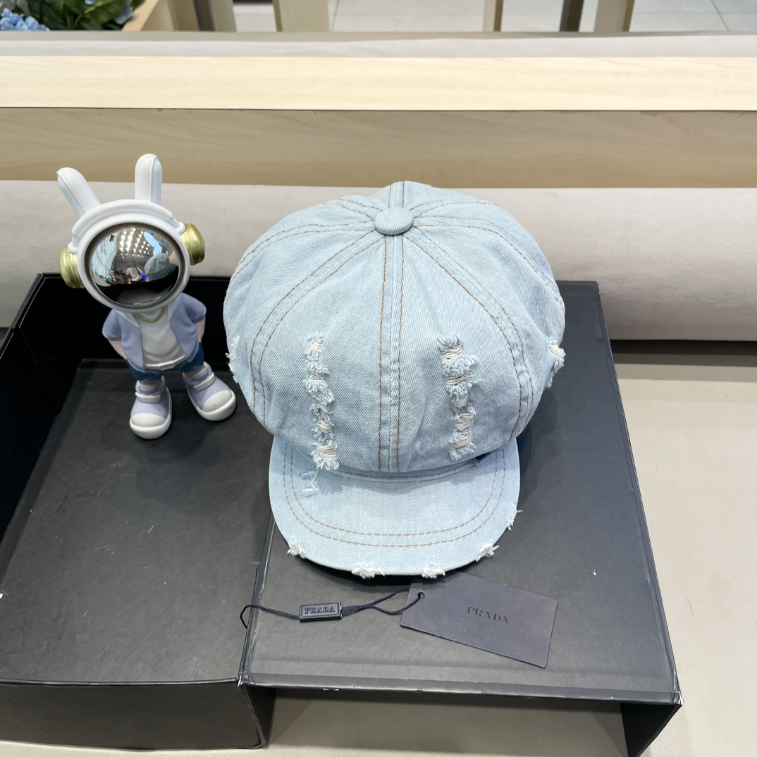 普拉达Prada韩国2024年新款韩版水洗割破牛仔八角帽个性设计小众贝雷帽女
