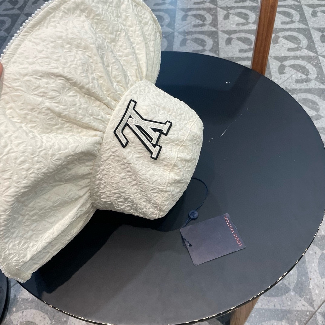  路易威登lv时尚网红珍珠蕾丝渔夫帽小香风女夏季大檐防晒帽防紫外线盆帽遮阳