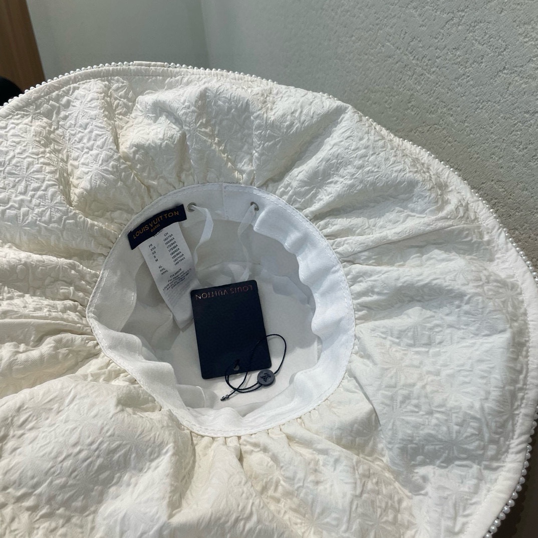  路易威登lv时尚网红珍珠蕾丝渔夫帽小香风女夏季大檐防晒帽防紫外线盆帽遮阳