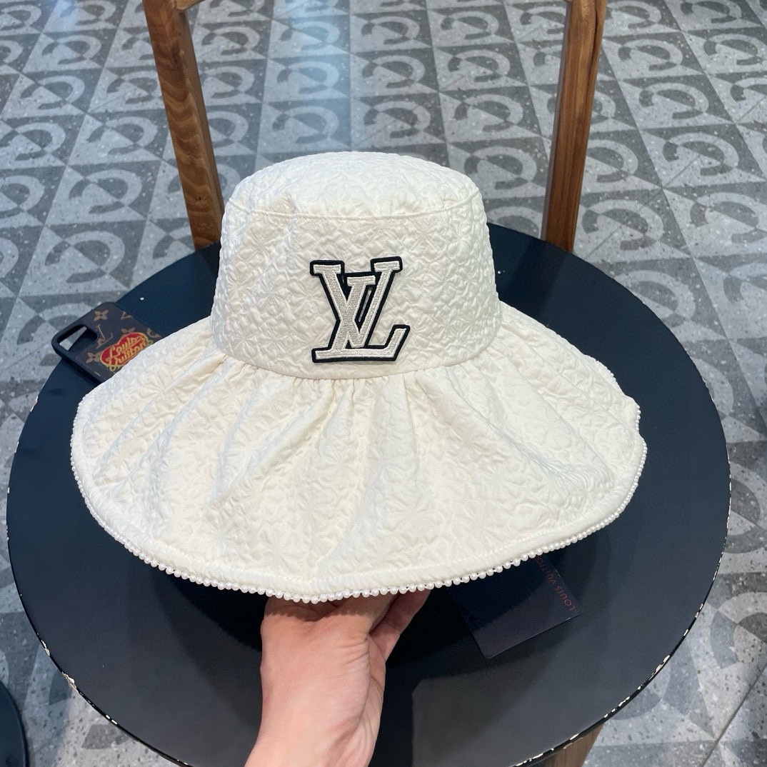  路易威登lv时尚网红珍珠蕾丝渔夫帽小香风女夏季大檐防晒帽防紫外线盆帽遮阳