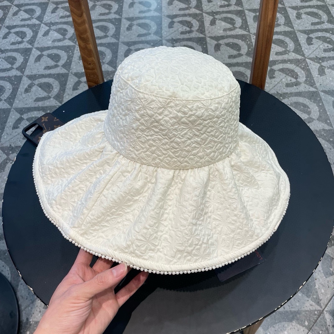  路易威登lv时尚网红珍珠蕾丝渔夫帽小香风女夏季大檐防晒帽防紫外线盆帽遮阳