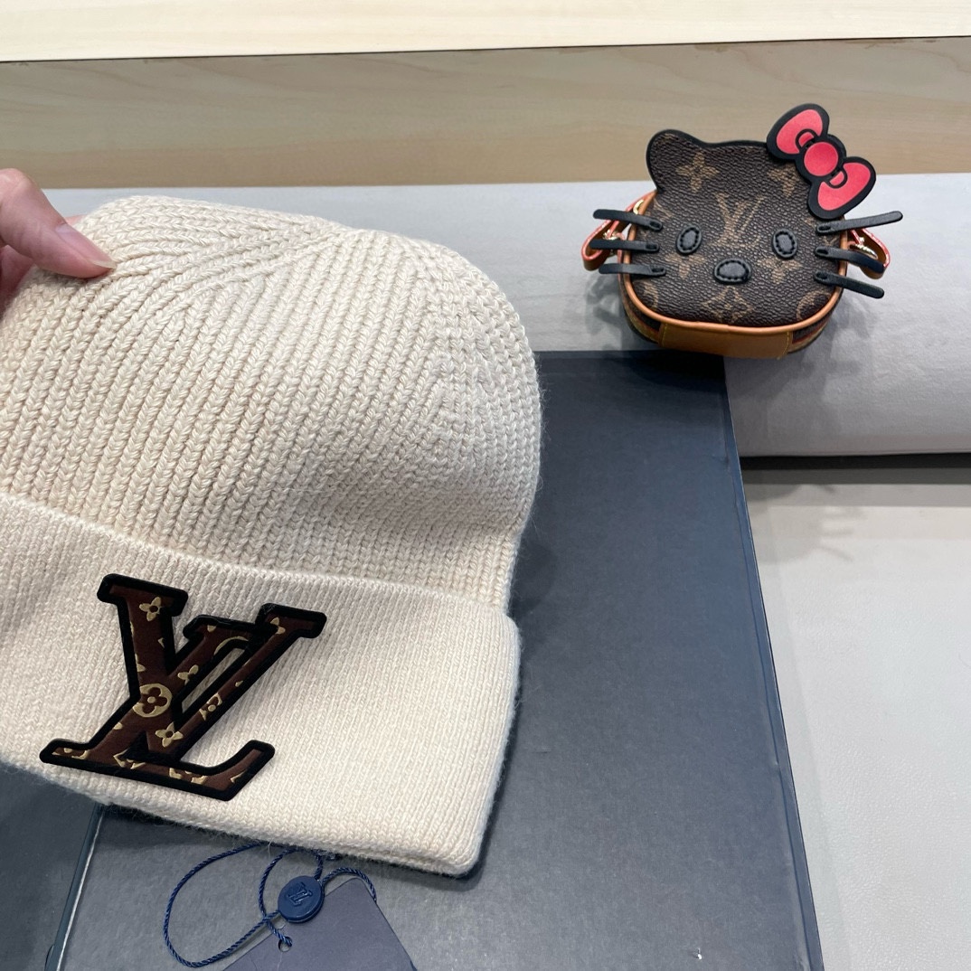 lv路易威登高品100绵羊毛针织帽子情侣百搭秋冬纯羊毛双层保暖毛线帽