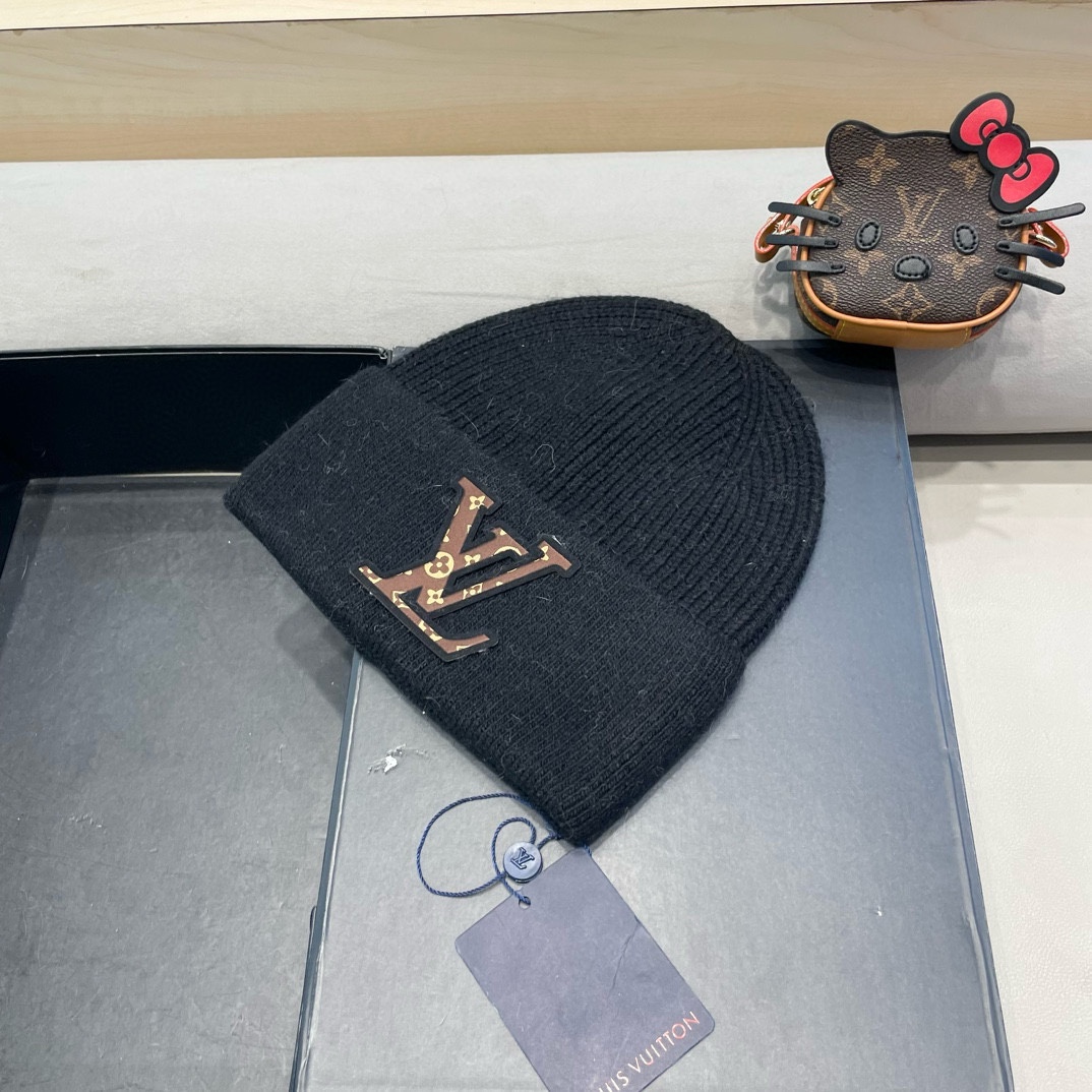 lv路易威登高品100绵羊毛针织帽子情侣百搭秋冬纯羊毛双层保暖毛线帽