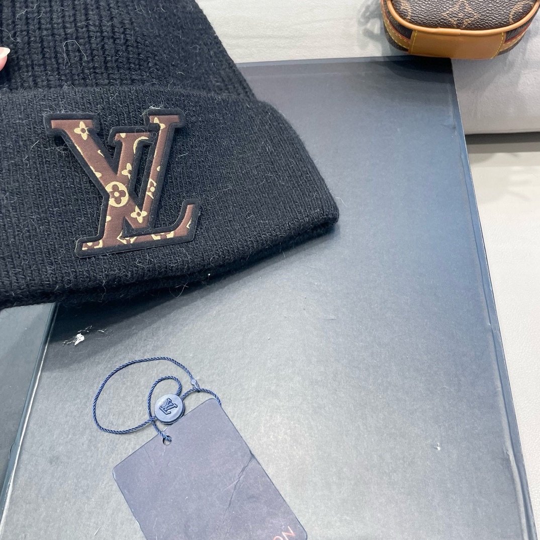 lv路易威登高品100绵羊毛针织帽子情侣百搭秋冬纯羊毛双层保暖毛线帽