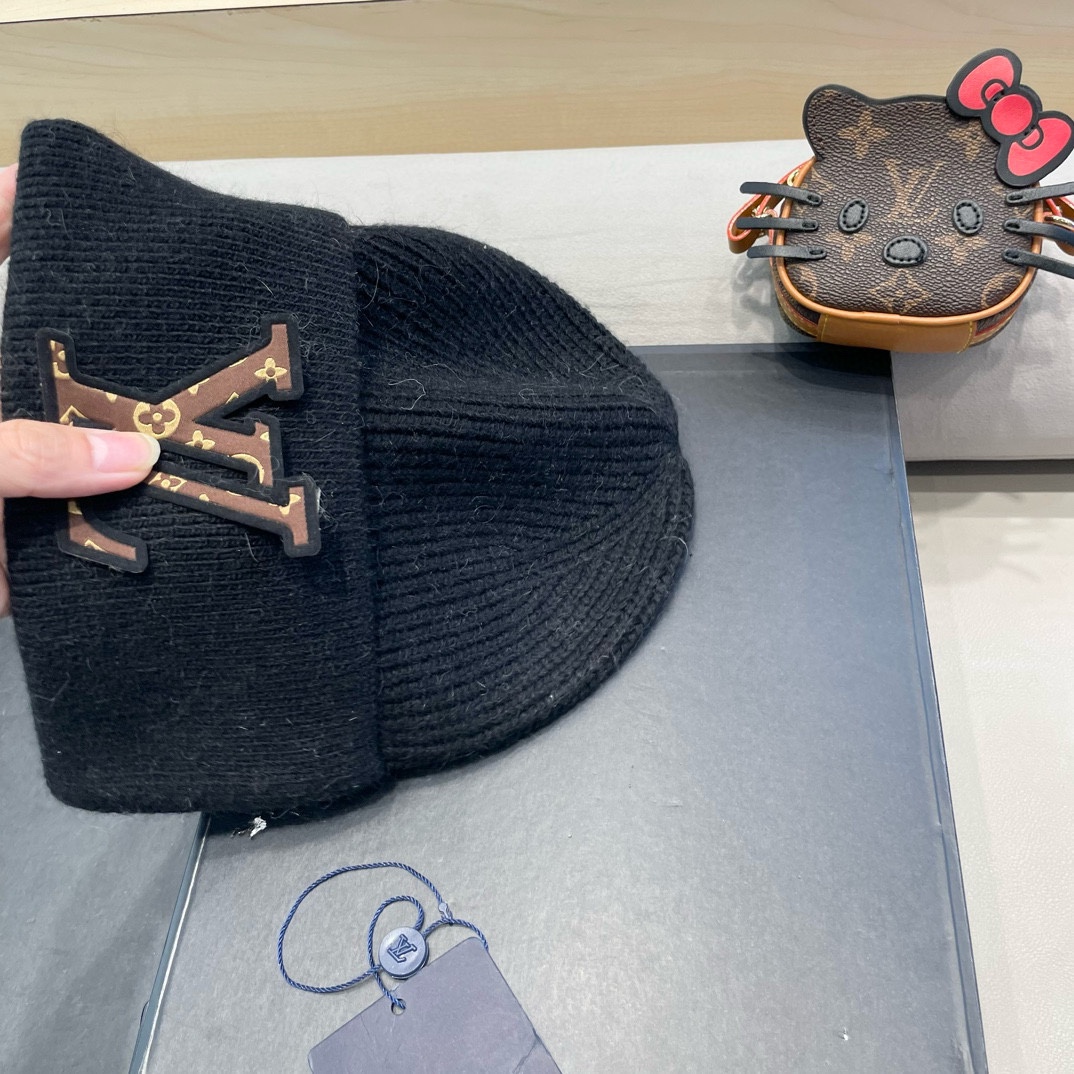 lv路易威登高品100绵羊毛针织帽子情侣百搭秋冬纯羊毛双层保暖毛线帽
