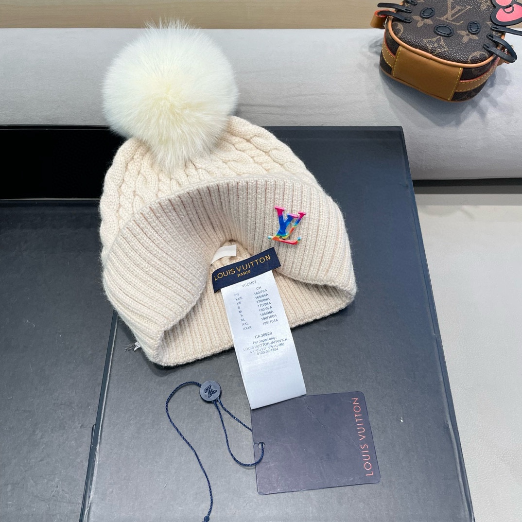 路易威登lv针织毛线帽子女秋冬季韩版保暖冷帽新款可爱毛球加绒加厚套头帽潮