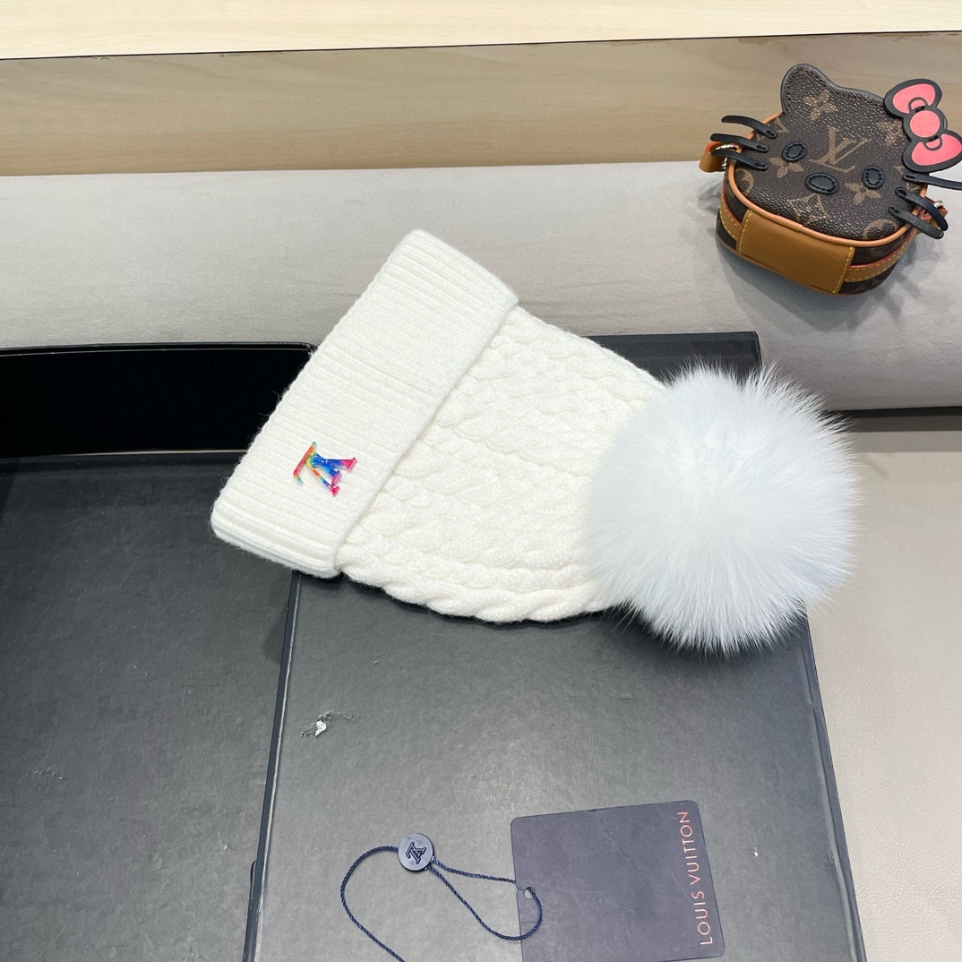 路易威登lv针织毛线帽子女秋冬季韩版保暖冷帽新款可爱毛球加绒加厚套头帽潮