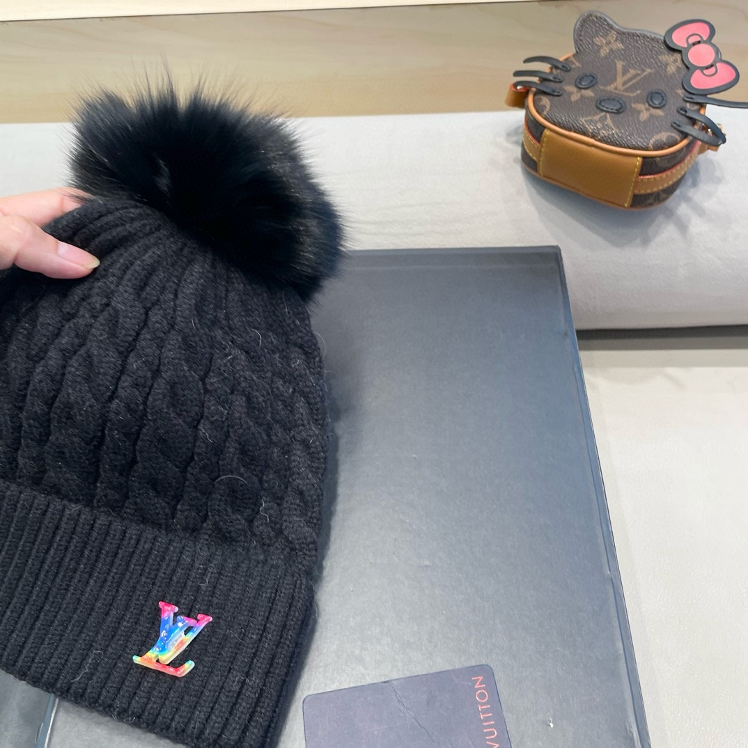 路易威登lv针织毛线帽子女秋冬季韩版保暖冷帽新款可爱毛球加绒加厚套头帽潮