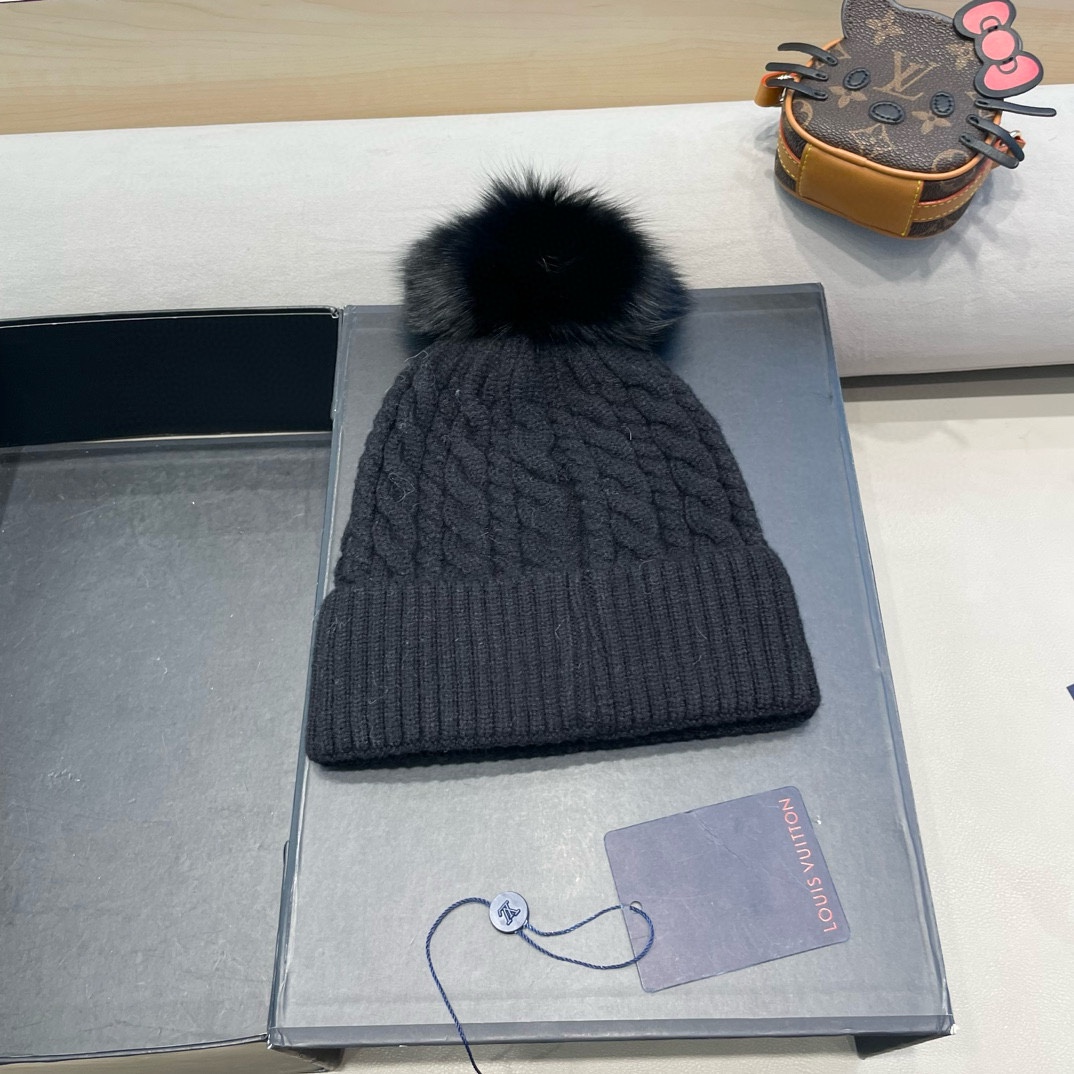 路易威登lv针织毛线帽子女秋冬季韩版保暖冷帽新款可爱毛球加绒加厚套头帽潮