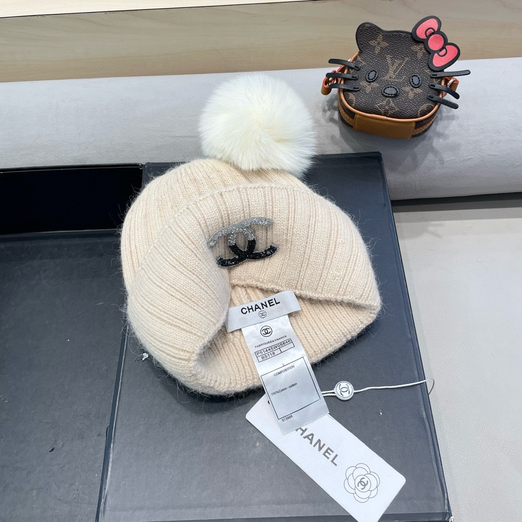 Chanel帽子女秋冬天韩国狐狸毛球帽休闲百搭保暖毛线帽加厚亲子针织帽潮