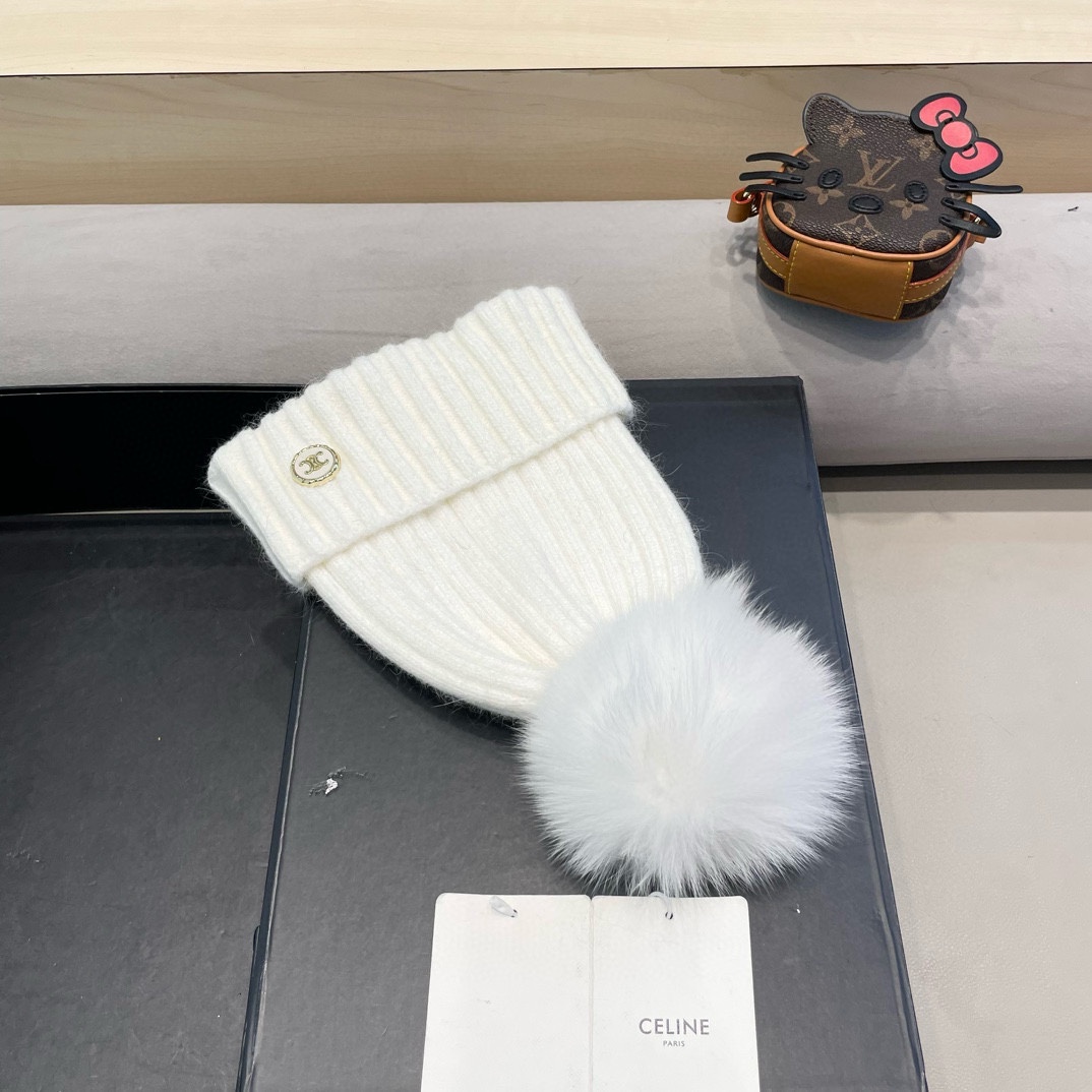 塞琳Celine迪丽热巴同款针织帽子秋冬新款女士毛线帽仿狐狸毛球球加厚保暖帽