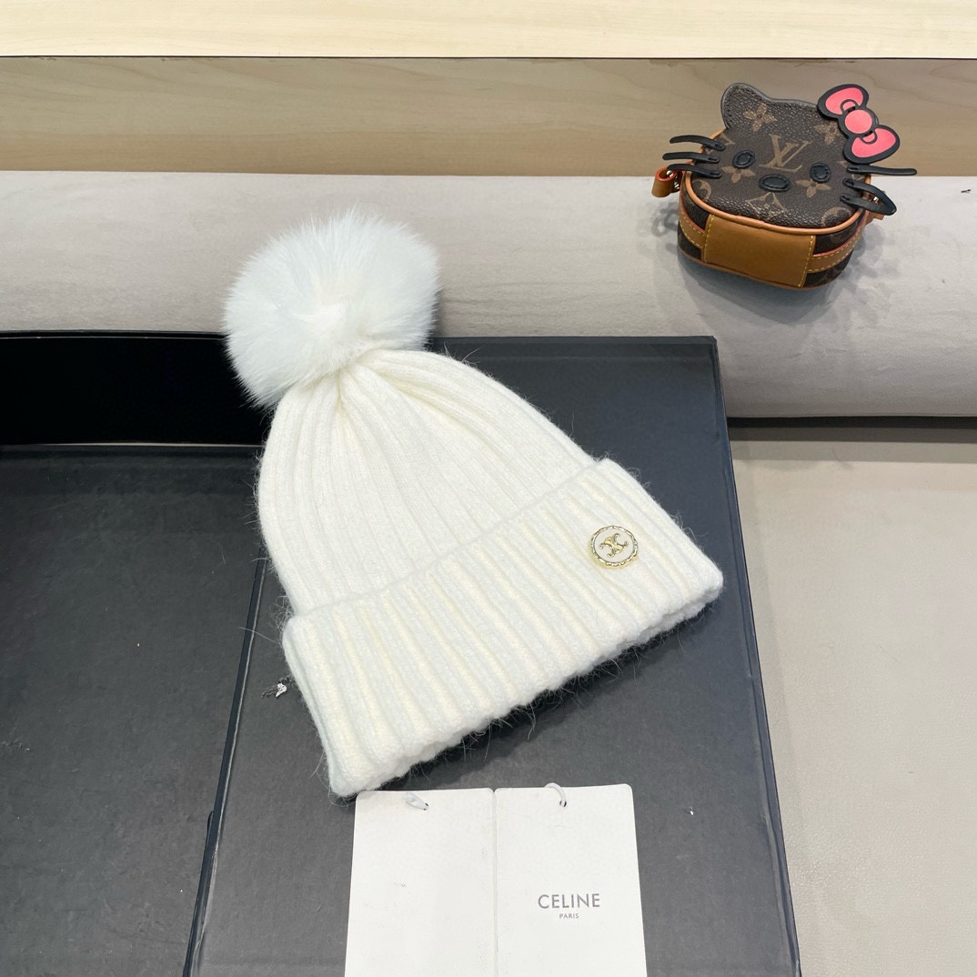塞琳Celine迪丽热巴同款针织帽子秋冬新款女士毛线帽仿狐狸毛球球加厚保暖帽
