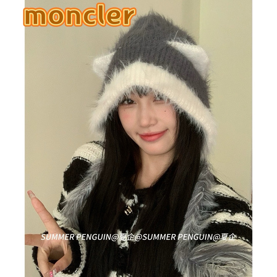 moncler韩版毛绒帽女2024新款猫耳朵渔夫帽秋冬季加厚护耳绑带针织毛线帽