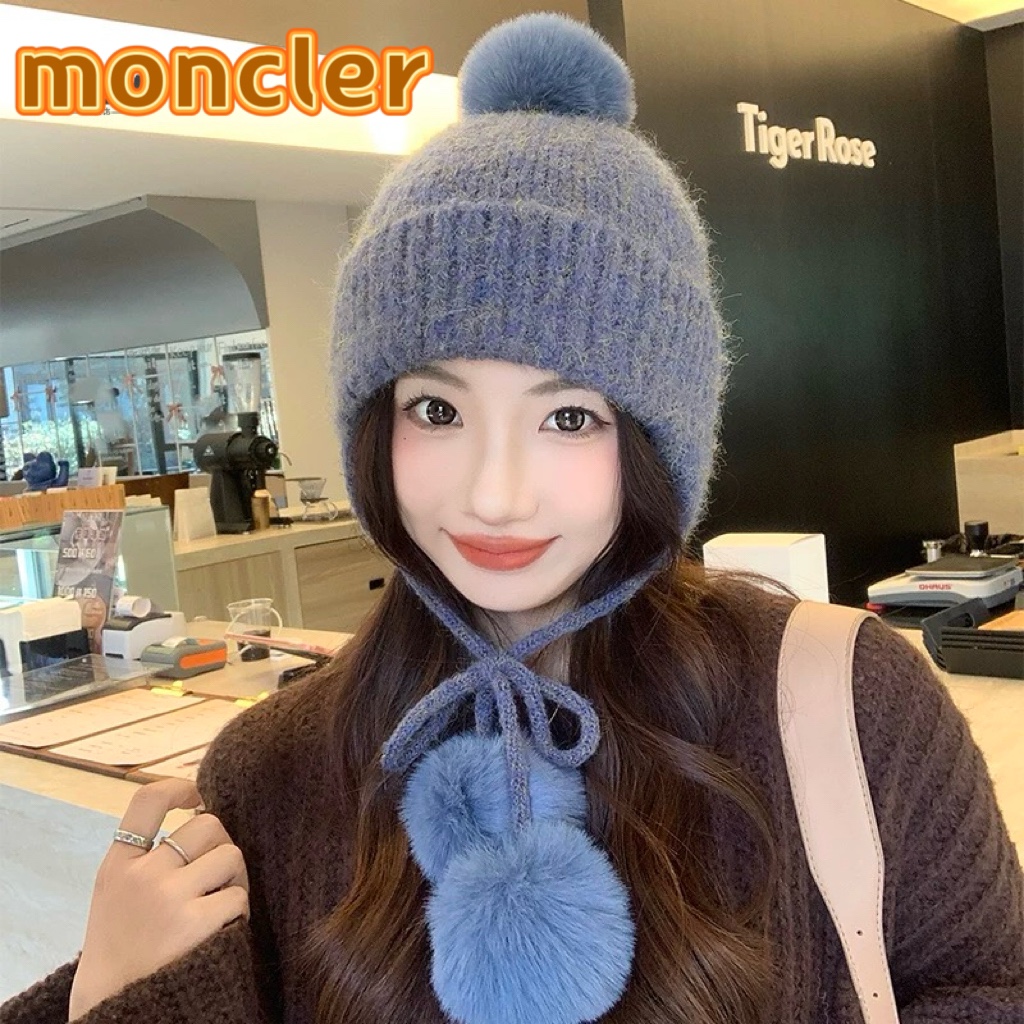 P90 moncler秋冬保暖兔毛球针织帽可爱加绒防风防寒护耳百搭雷锋帽包头毛线帽