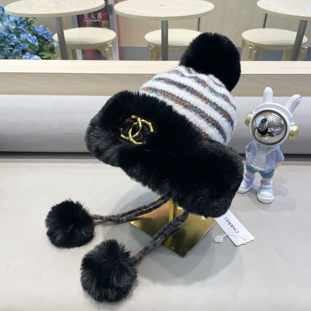 Chanel2024新款秋冬季蒙古帽女针织加绒加厚保暖护耳骑车防寒防风雷锋帽