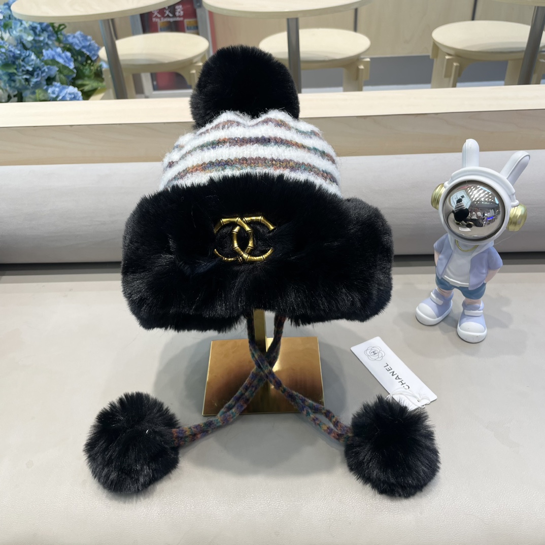 Chanel2024新款秋冬季蒙古帽女针织加绒加厚保暖护耳骑车防寒防风雷锋帽