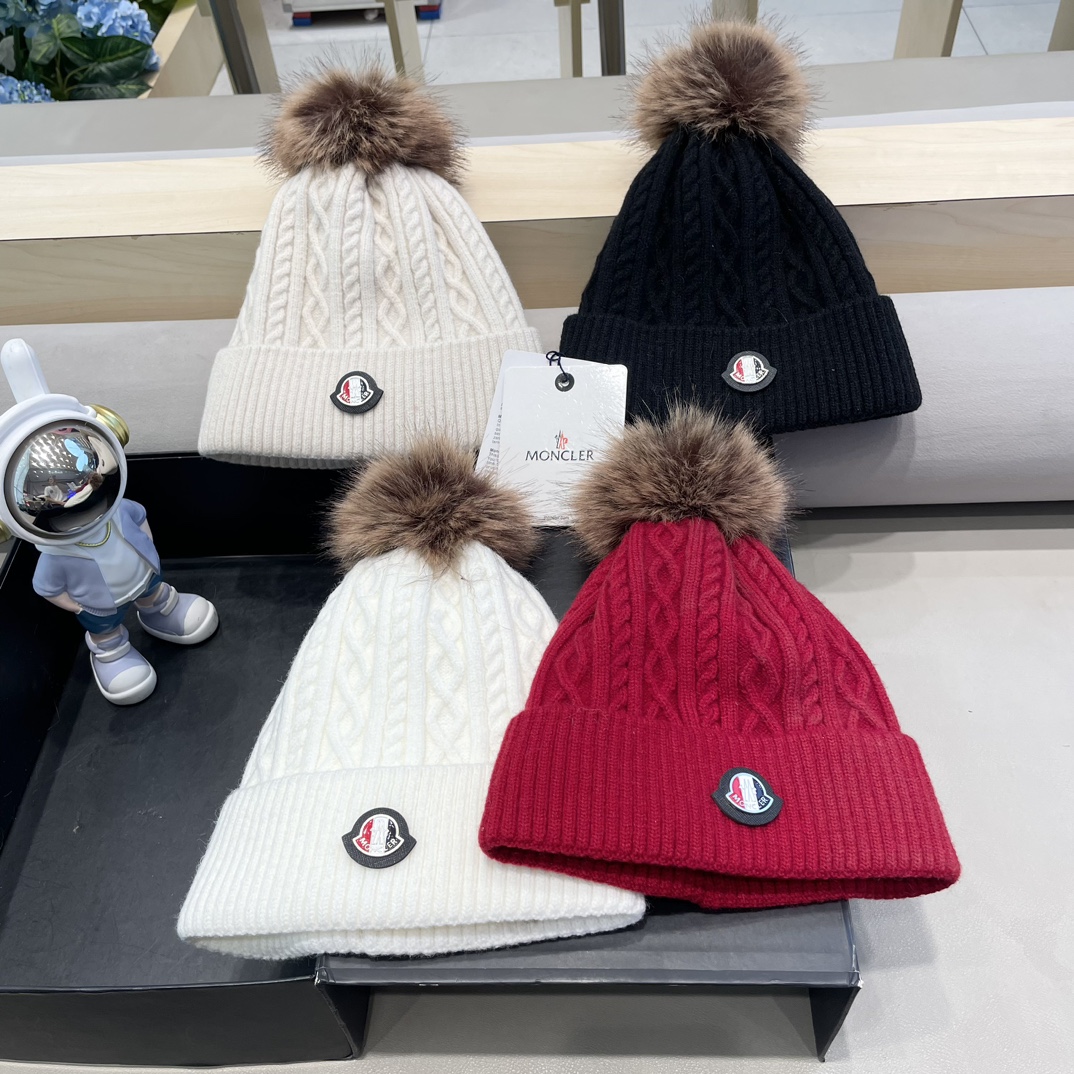 moncler蒙口logo针织提花光板带毛球秋冬季女冷帽时尚加绒保暖加厚针织