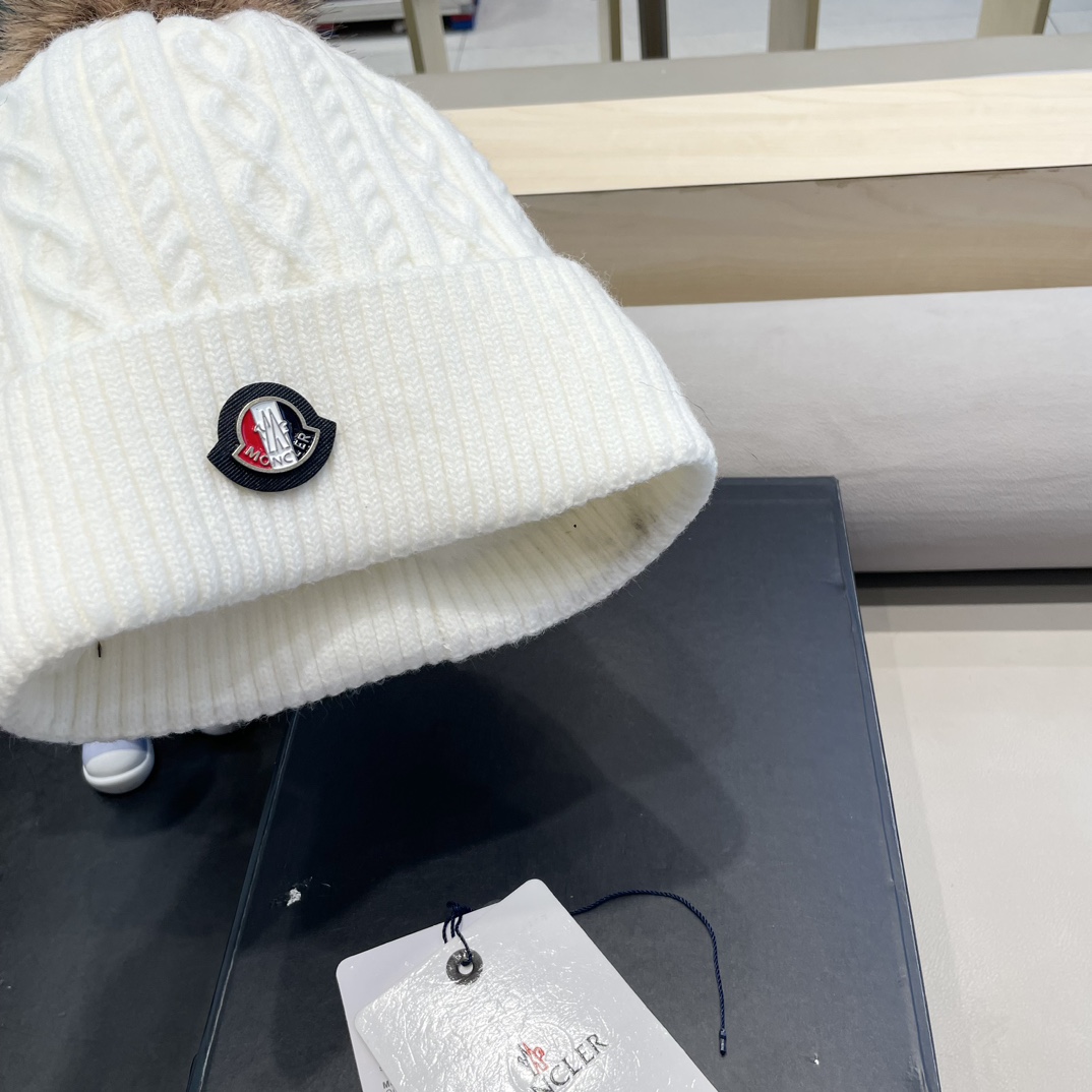 moncler蒙口logo针织提花光板带毛球秋冬季女冷帽时尚加绒保暖加厚针织