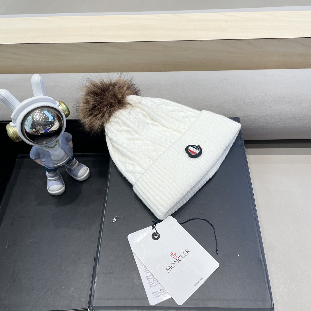moncler蒙口logo针织提花光板带毛球秋冬季女冷帽时尚加绒保暖加厚针织