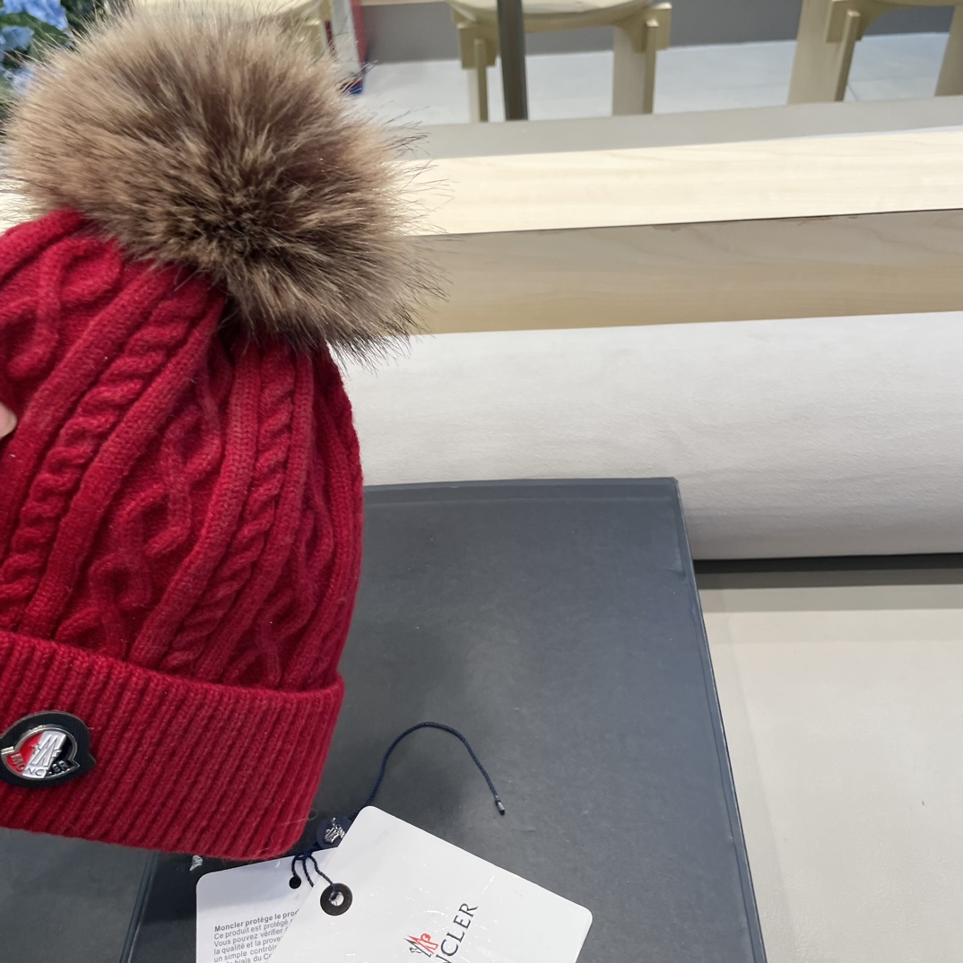 moncler蒙口logo针织提花光板带毛球秋冬季女冷帽时尚加绒保暖加厚针织