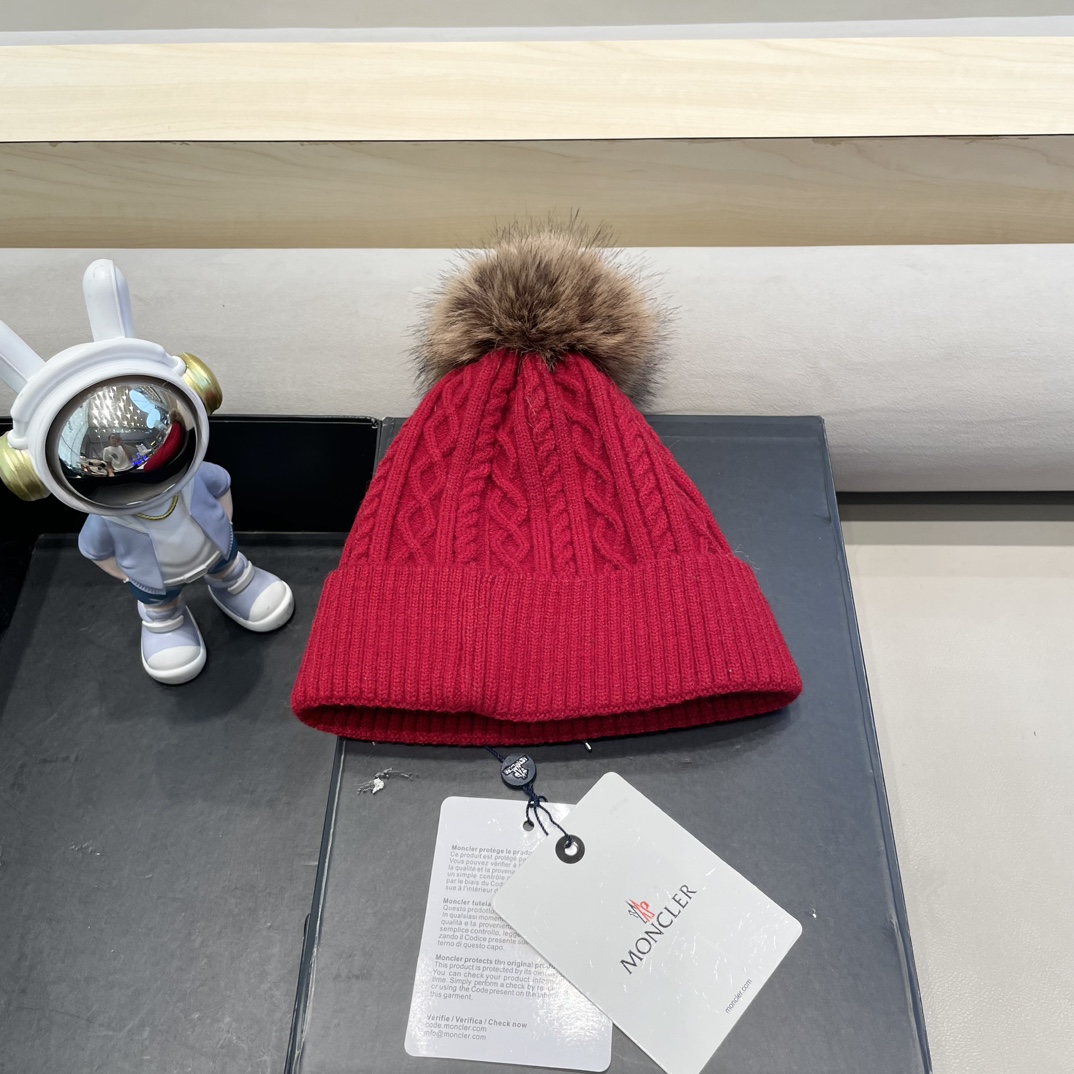 moncler蒙口logo针织提花光板带毛球秋冬季女冷帽时尚加绒保暖加厚针织