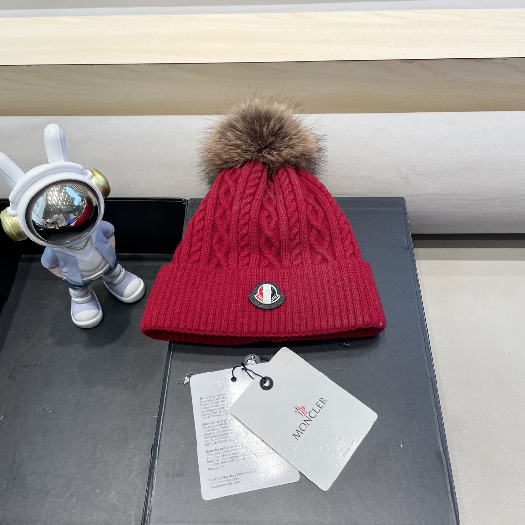 moncler蒙口logo针织提花光板带毛球秋冬季女冷帽时尚加绒保暖加厚针织