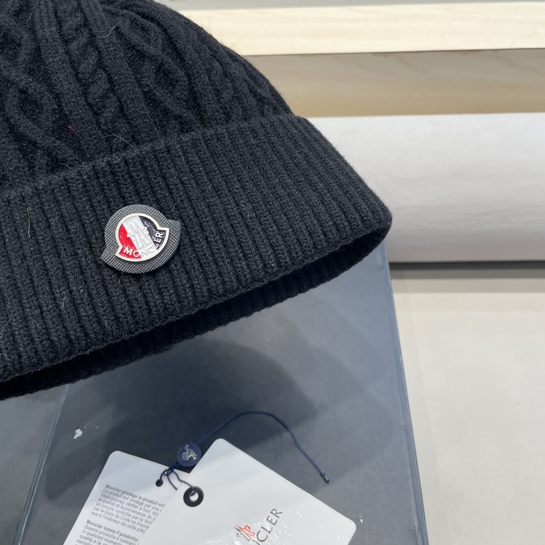 moncler蒙口logo针织提花光板带毛球秋冬季女冷帽时尚加绒保暖加厚针织