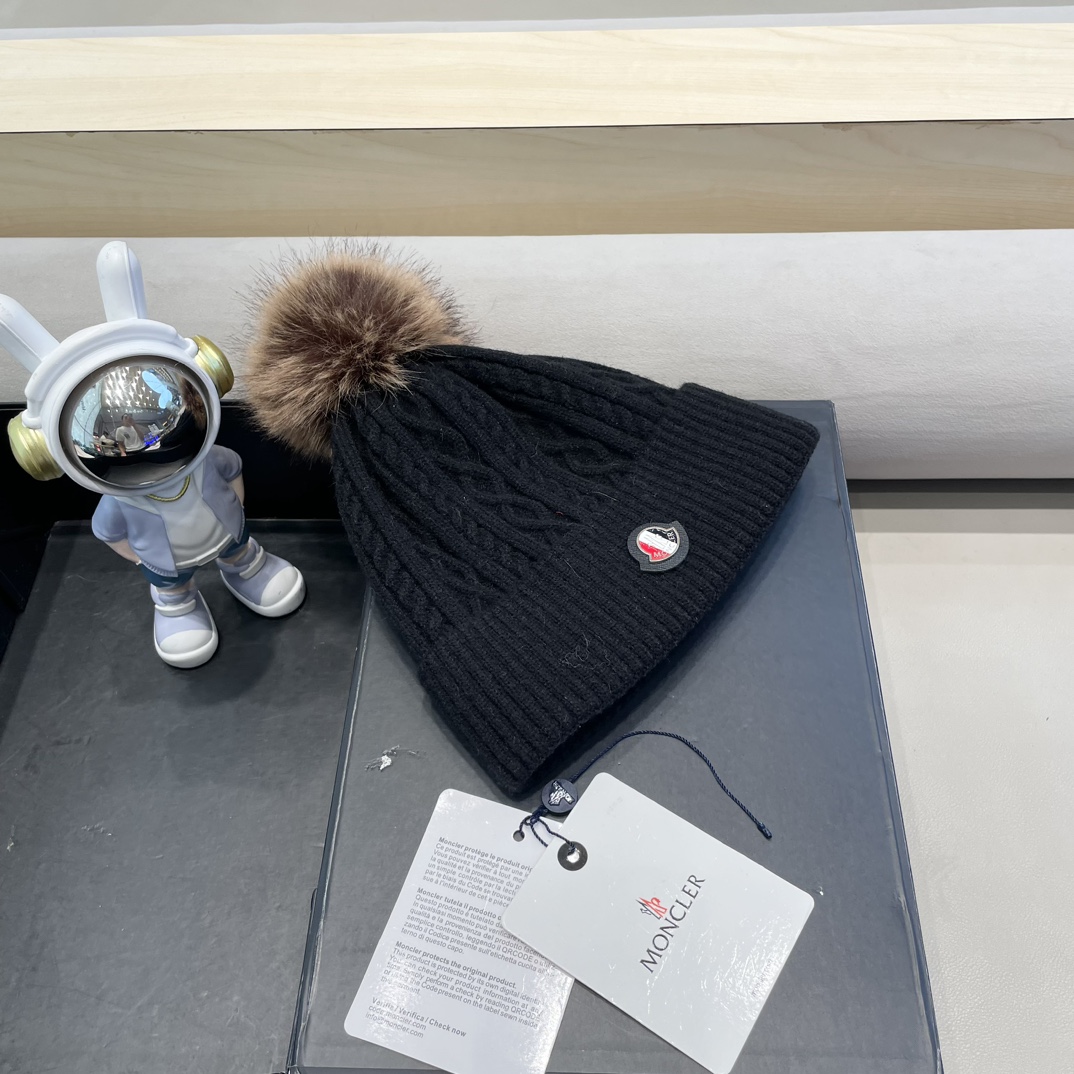 moncler蒙口logo针织提花光板带毛球秋冬季女冷帽时尚加绒保暖加厚针织