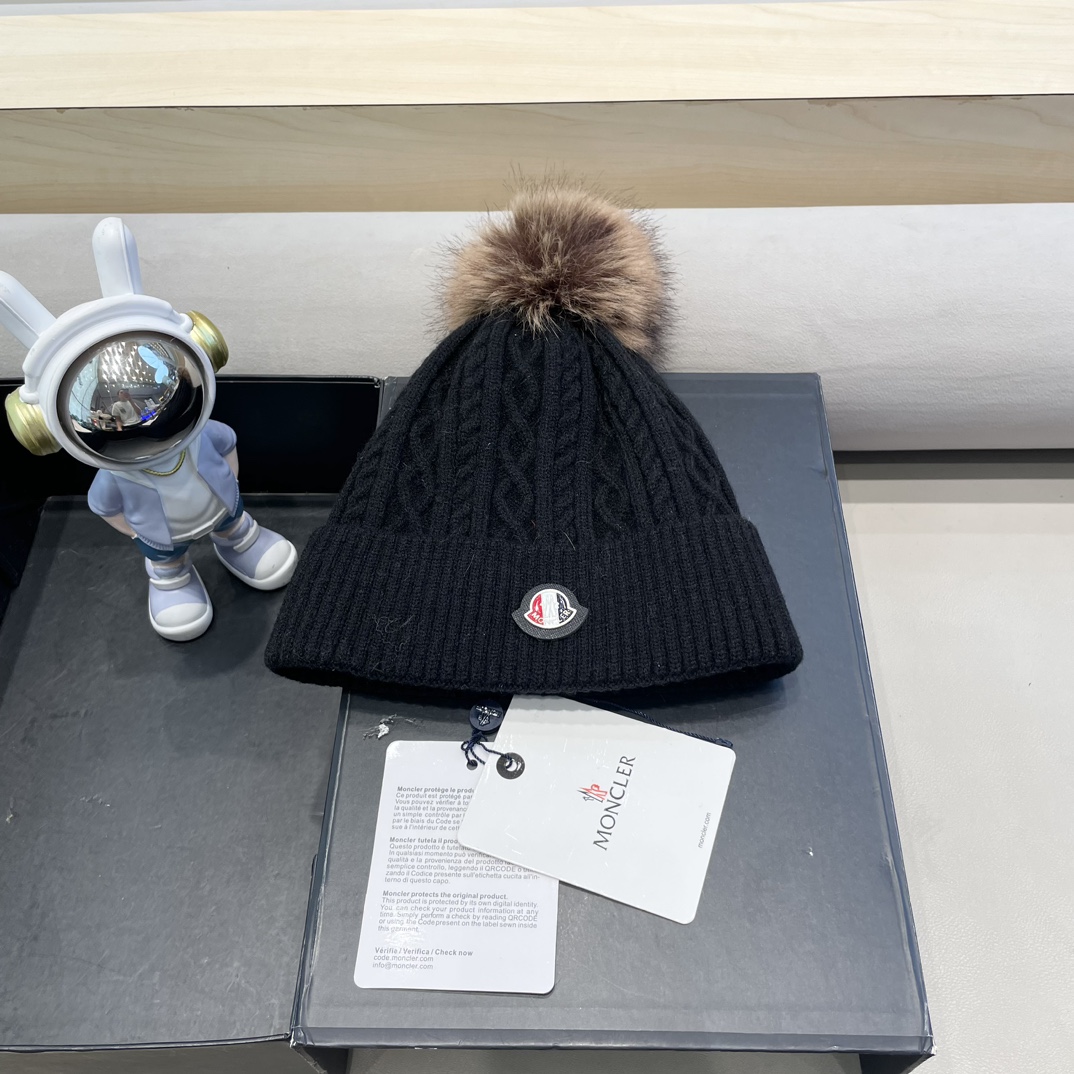 moncler蒙口logo针织提花光板带毛球秋冬季女冷帽时尚加绒保暖加厚针织