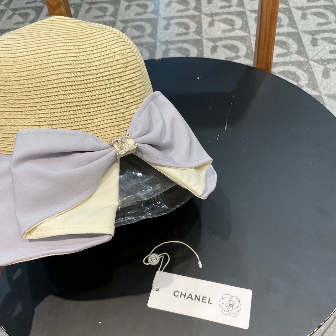 Chanel香奈儿新品蝴蝶结拼接渔夫帽女夏季遮脸防晒沙滩帽可扎马尾太阳帽子