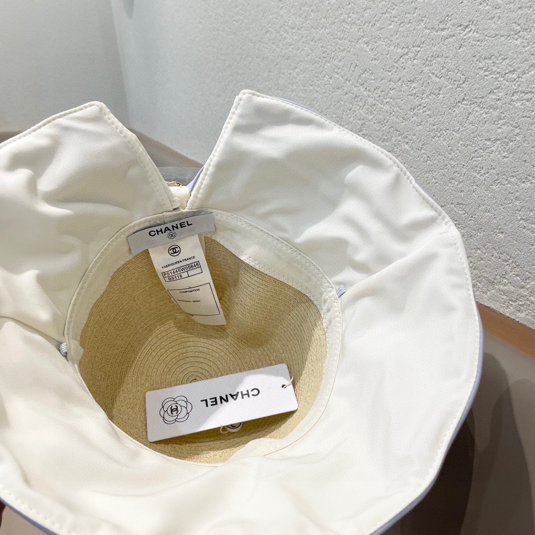 Chanel香奈儿新品蝴蝶结拼接渔夫帽女夏季遮脸防晒沙滩帽可扎马尾太阳帽子