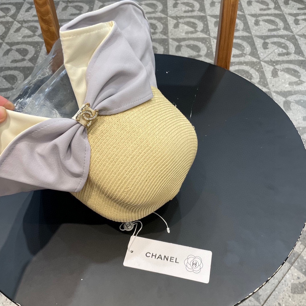 Chanel香奈儿新品蝴蝶结拼接渔夫帽女夏季遮脸防晒沙滩帽可扎马尾太阳帽子