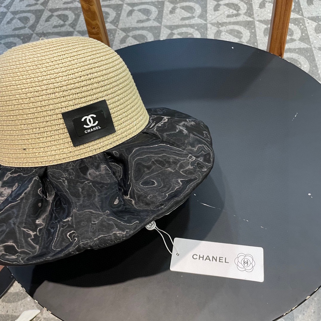 Chanel香奈儿 防晒帽女夏季防紫外线太阳帽草编蝴蝶结遮阳帽户外出游大檐渔夫帽