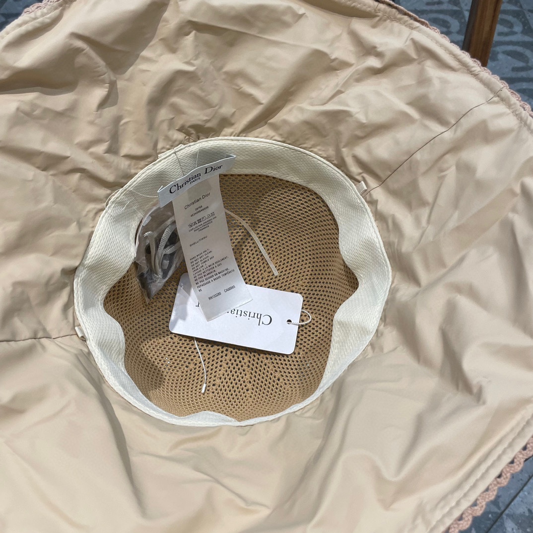 迪奥Dior夏季黑胶蝴蝶结遮阳帽女镂空草帽防紫外线大檐遮脸防晒太阳渔夫帽