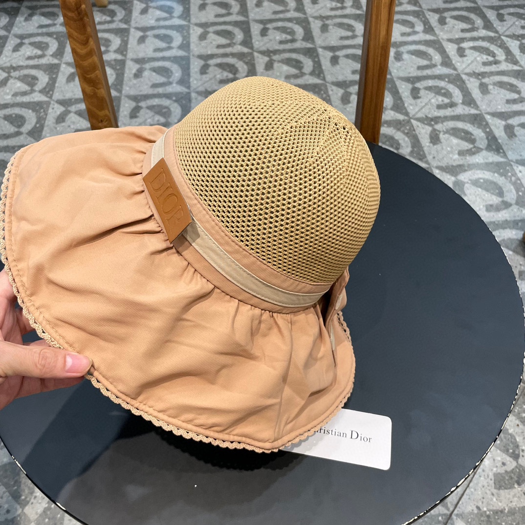 迪奥Dior夏季黑胶蝴蝶结遮阳帽女镂空草帽防紫外线大檐遮脸防晒太阳渔夫帽